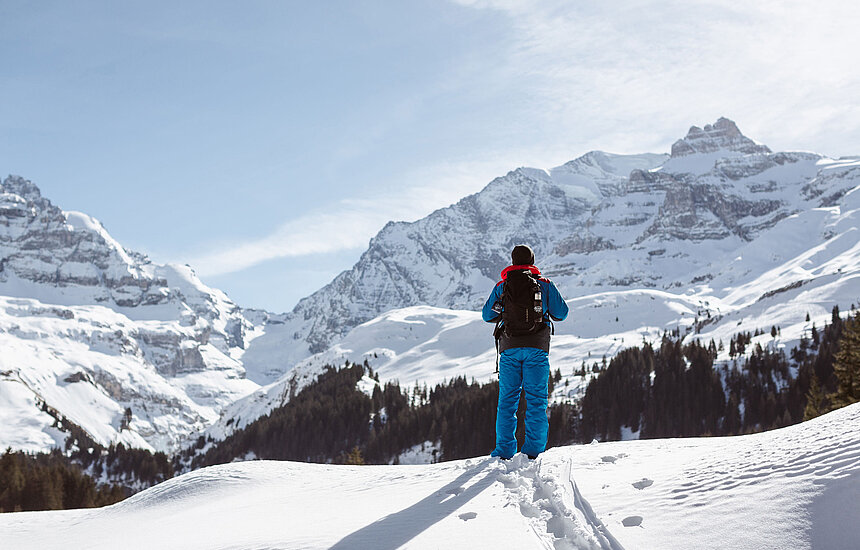 <p>Ein Winterwanderer von hinten mit blauer Winterhose, die bei sonnigem Wetter das winterliche Bergpanorama betrachtet.</p>